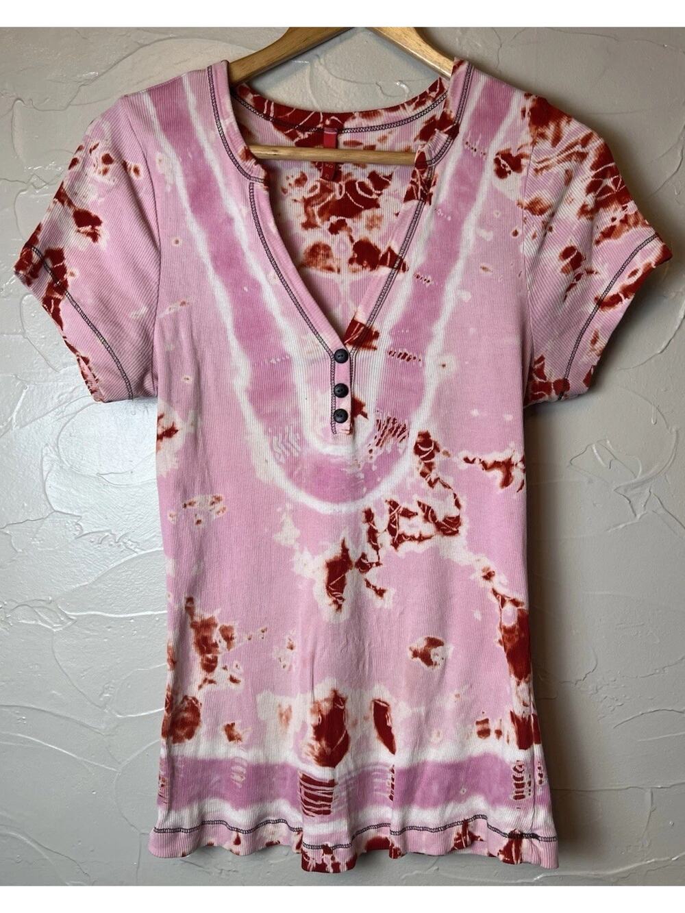 Me & Ko Y2K Ribbed Tie Dye Tee Shirt Top Women’s Sz XL Red Pink Boho Vintage